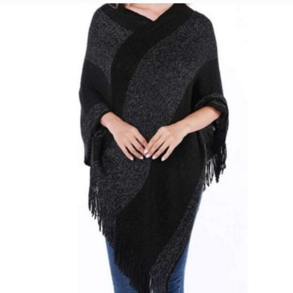 Knitted Shawl with Fringed V-Neck Striped Sweater Pullover Faux Cashmere - Picture 3 of 6